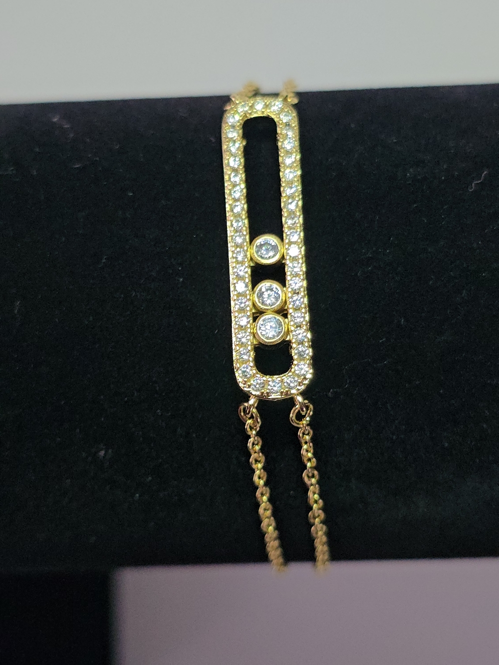 Gold Crystal Open Bar Bracelet with Three Clear Stones